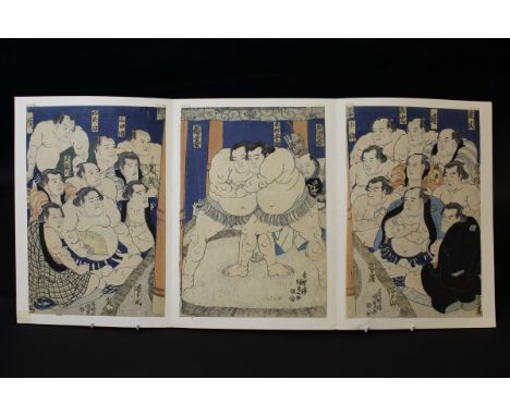 AFTER KUNISADA TOYOKUNI III (1785-1864) "The Sumo match with onlookers", colour woodblock triptych print