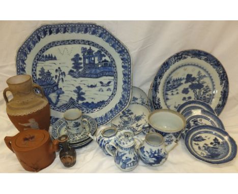 A 19th Century Chinese export blue and white platter decorated with pagodas in a landscape, together with various other Chine