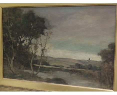 CHARLES LAMB (1893-1964) "River landscape with figure in rowboat", oil on canvas, signed and dated '29 bottom left (ARR) COND