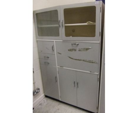 A 1950's kitchen light grey painted kitchen cabinet, together with a single door painted kitchen cupboard