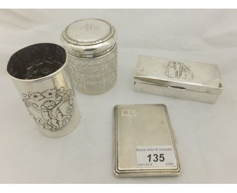 A silver mounted cut glass dressing table bottle (Birmigham, 1907), silver cigarette case with engine turned decoration (Birm