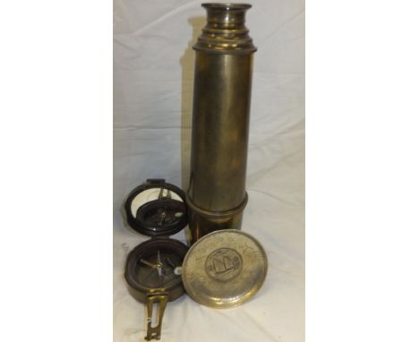 A modern three draw brass telescope, together with a reproduction brass compass inscribed "Brinton Compass Thomas. J. Evans E