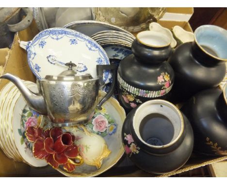 Two boxes of assorted china and glassware to include three pairs of vases to include black ground vases by Argyll, together w