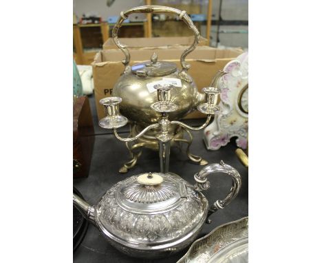 Large silver plate spirit kettle and teapot and candle holder