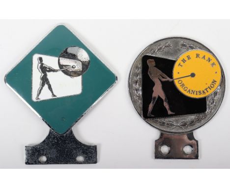 Two The Rank Organisation Car Badges, green/white enamel, chrome plated, no 294 on reverse and Yellow/Black enamel, with 018 