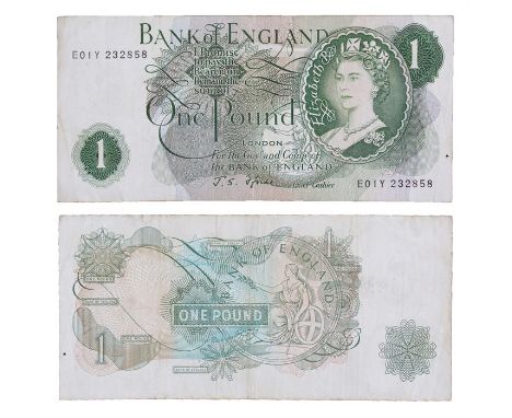 Fforde £1 Banknote, number E01Y 232858, first run note, VF pin hole to edge