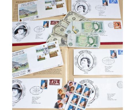 Mixed Banknotes and Stamps, to include Dollars, One pound notes, Bank of Ireland, First Day covers (etc)
