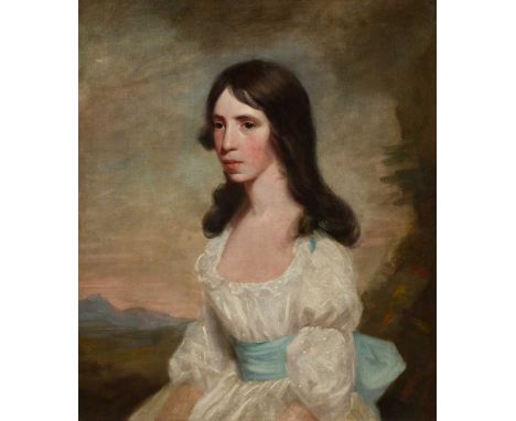 SIR HENRY RAEBURN R.A. (SCOTTISH 1756-1823) PORTRAIT OF MISS MAITLAND IN WHITE DRESS WITH BLUE SASH Oil on canvas(76cm x 63.5