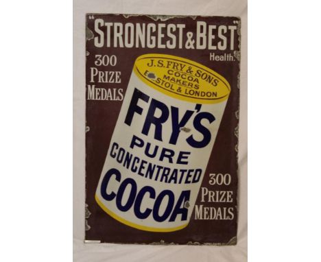 An old enamel rectangular advertising sign "Fry's Pure Concentrated Cocoa - Strongest and Best - 300 Prize Medals", 36" x 24"