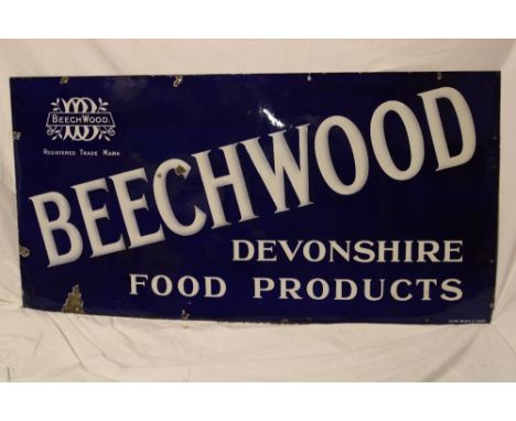 An old enamel rectangular advertising sign "Beechwood - Devonshire Food Products", 24" x 48"