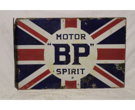 An enamel rectangular double-sided advertising sign "Motor BP Spirit" on Union Jack background, 16" x 24"