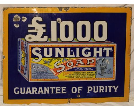 An old enamel rectangular advertising sign "Sunlight Soap £1000 Guarantee of Purity", 27" x 35"