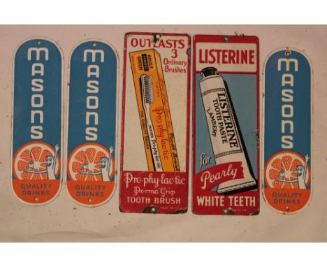 Five various enamel advertising wall plaques including "Listerine Toothpaste", 11" x 4", 3 x "Mason's Drinks", 10" long and o