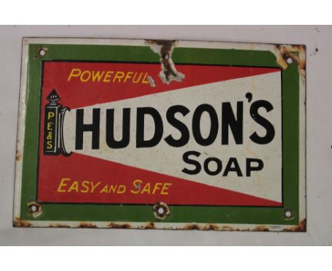An enamel rectangular advertising sign "Hudson's Soap - Powerful Easy and Safe", 8½" x 13"
