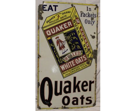 An old enamel rectangular advertising sign "Eat Quaker Oats - In Packets Only", 42" x 24"