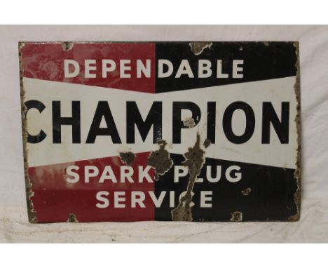 An enamel rectangular advertising sign "Dependable Champion Spark Plug Service", 13" x 19"