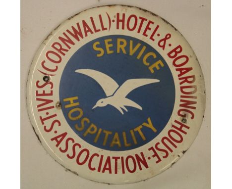 An enamel circular hotel plaque "St Ives (Cornwall)  Hotel and Boarding House Association -  Service/Hospitality", 9" diamete