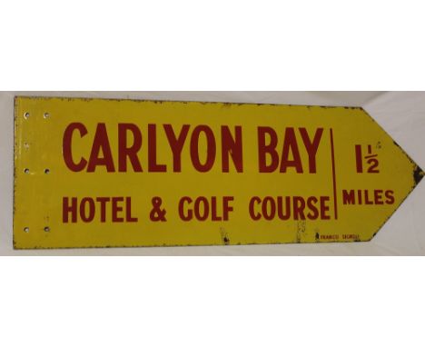 An enamel rectangular Cornish direction sign "Carlyon Bay Hotel &amp; Golf Course 1½ miles", 12" x 36"