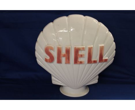 An opaque glass scallop-shaped petrol pump globe "Shell", 17½" high,  (by Webb's Crystal Glass Co Limited "Property of Shell 
