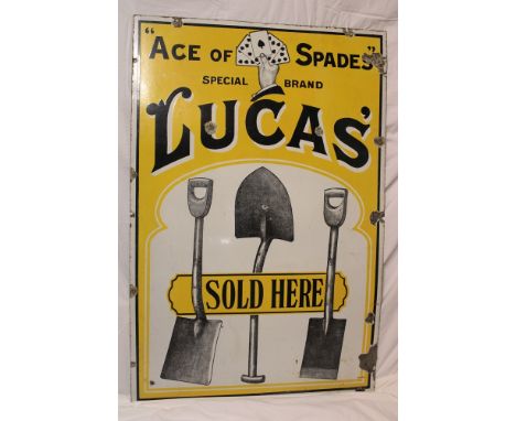 An old enamel rectangular advertising sign "Ace of Spades - Special Brand - Lucas Sold Here", 54" x 36"