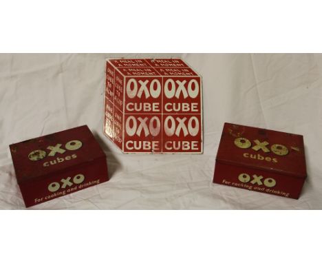 An OXO Cube enamel square plaque 9" x 9" and two various OXO tins