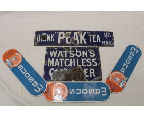An old rectangular enamel plaque "Drink Peak Tea" 3" x 14"; An enamelled plaque "Watson's Matchless Cleaner" 6" x 9" (af); an