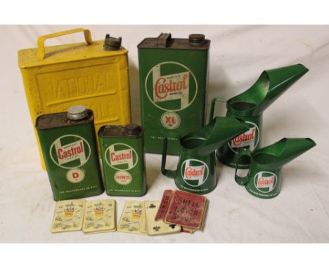 A National Benzole fuel can, three Castrol oil cans, three modern Castrol oil jugs and a set of Shell motor spirit playing ca