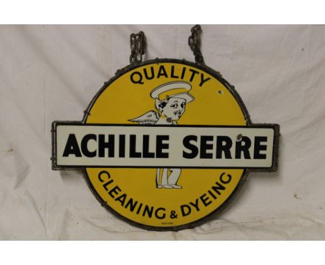 An enamel double-sided hanging advertising sign "Achille Serre - Quality cleaning and dyeing", 19" x 25"