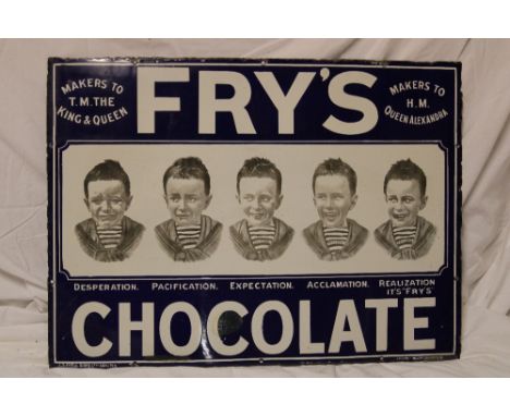 An old enamel rectangular advertising sign "Fry's Chocolate - Makers to H.M. The King and Queen Alexandra", 22" x 30"