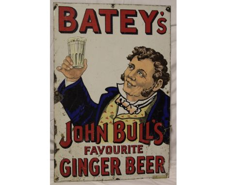An old enamel rectangular advertising sign "Batey's John Bull's Favourite Ginger Beer", 30" x 20"