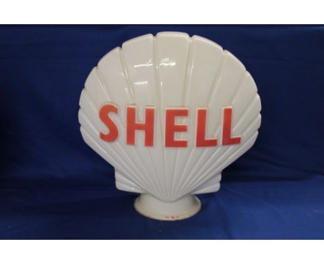 An opaque glass scallop-shaped petrol pump globe "Shell", 17½" high (by Hailware - "Property of Shell Mex and BP Limited - Re