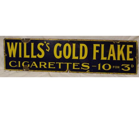 An enamel rectangular advertising sign "Wills's Gold Flake Cigarettes - 10 for 3d", 9" x 36"