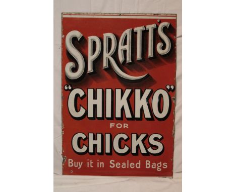 An old enamel rectangular advertising sign "Spratt's Chikko for Chicks - Buy it in sealed bags", 30" x 20"