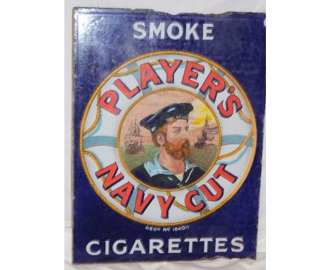 An old enamel double-sided advertising sign - Smoke Players Navy Cut Cigarettes" depicting a sailor and lifebelt, 20" x 15"