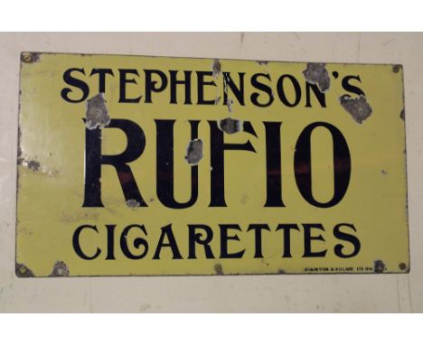 An enamel rectangular advertising sign "Stephenson's Rufio Cigarettes", 10" x 18"