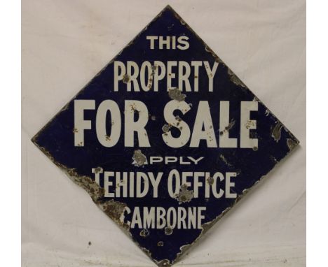 An enamel diamond-shaped Cornish property advertising sign "This Property For Sale Apply Tehidy Office Camborne", 25" x 25"