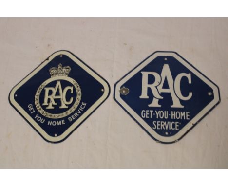 Two RAC diamond-shaped enamel plaques "RAC Get You Home Service", 11" x 11"