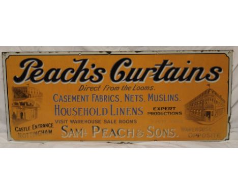 An old enamel rectangular advertising sign "Peach's Curtains - Direct from the Looms - Casement Fabrics, Nets, Muslins, House