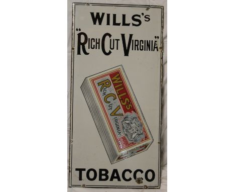 An old enamel rectangular advertising sign "Wills's Rich Cut Virginia Tobacco", 36" x 18"