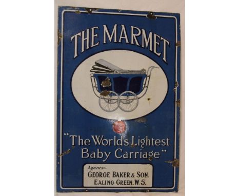 An enamel rectangular advertising sign "The Marmet - The World's Lightest Baby Carriage",  Agent George Baker &amp; Son Ealin