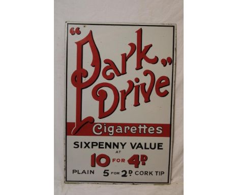 An old enamel rectangular advertising sign - "Park Drive Cigarettes - Sixpenny Value", 30" x 20"