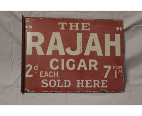 An old  enamel  rectangular double-sided advertising sign "Rajah Cigars Sold Here", 11" x 15"