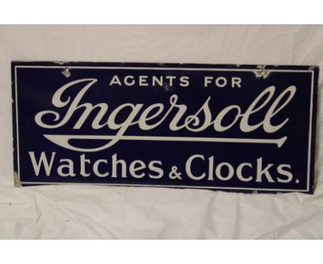A enamel rectangular double-sided advertising sign "Agents for Ingersoll Watches and Clocks", 12" x 28"