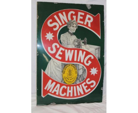 An old enamel rectangular advertising sign "Singer Sewing Machines", 36" x 24"
