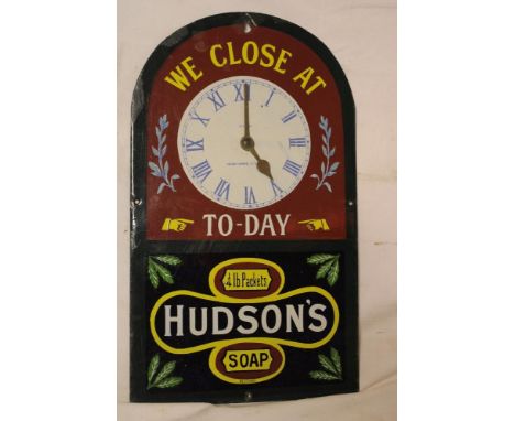 A reproduction enamel arched advertising sign for Hudson's Soap with inset clock face, 18" x 10½"