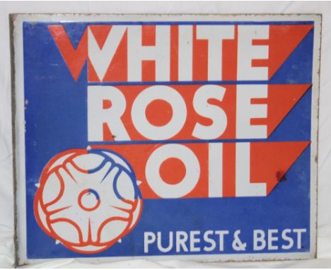 An enamel double-sided advertising sign "White Rose Oil - Purest and Best", 18" x 22"