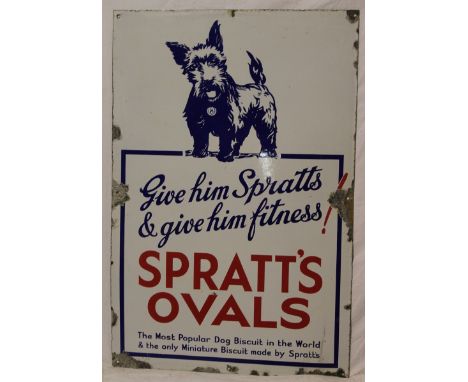 An old enamel rectangular advertising sign "Spratt's Ovals - Give Him Spratt's and Give Him Fitness", 30" x 20"