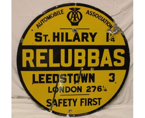 An enamel Automobile Association Cornish circular sign "St Hilary 1¼ - Relubbus - Leedstown 3 - London 276¼ - Safety First", 