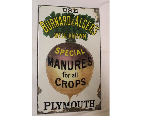 An enamel rectangular advertising sign "Use Burnard &amp; Alger's Well-Known Special Manure for All Crops - Plymouth", 20" x 