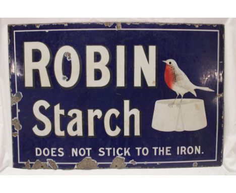 An enamel rectangular advertising sign "Robin's Starch - Does Not Stick to the Iron", 20" x 30"